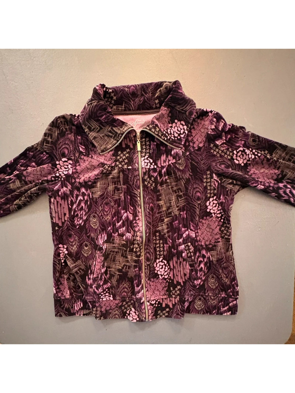 Style & Co Sport Women’s L Purple Peacock Print Full Zip Jacket Boho Y2K